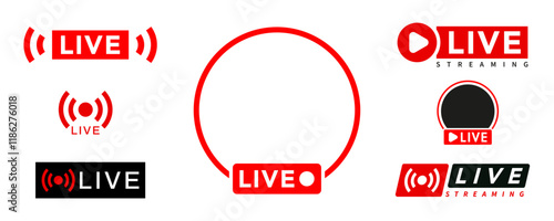 Live streaming icon set. Social media, broadcast, blog, live shows, news, live stream, red, frame, and video content flat icon. Vector illustration with transparent background.