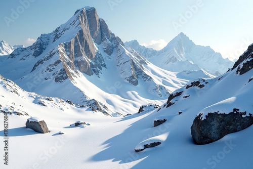 Roche de schiste grise et fendue dans la neige blanche, blanc, terreuse, fendue photo