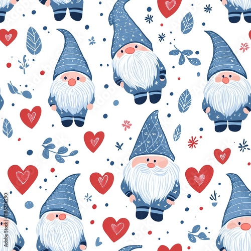 Seamless pattern with cute gnomes and hearts. Vector illustration of valentines day
