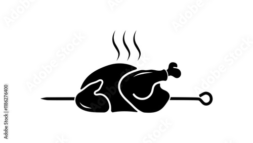 chicken roasting on spit, black isolated silhouette