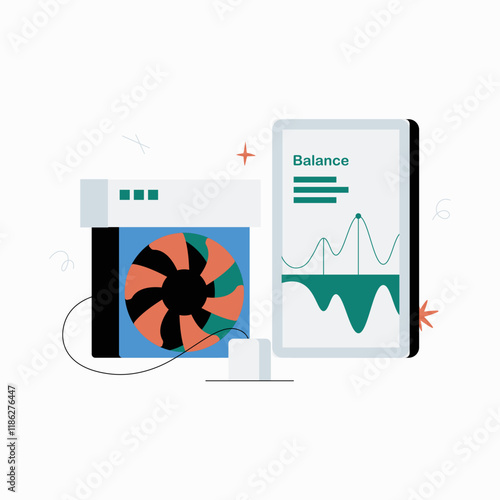 Cooling fan with balance analysis screen in flat vector illustration symbolizing technology monitoring, efficiency, and system diagnostics, isolated on white background.