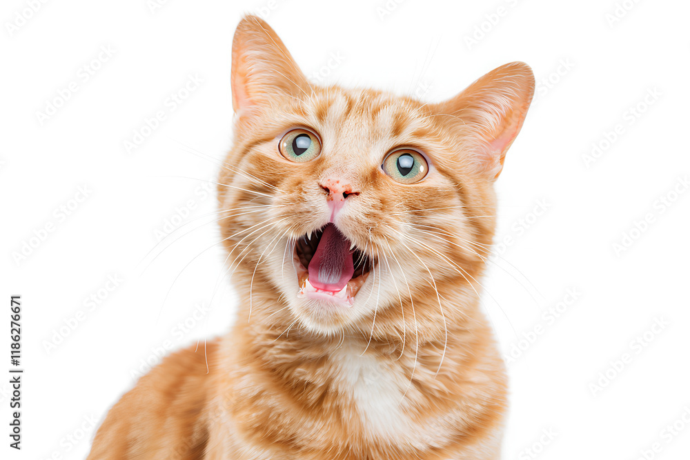 ginger cat with an open mouth and surprised expression, against a white background ginger cat with an open mouth and surprised expression, against a white background