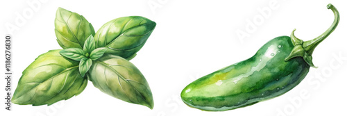 Fresh basil leaves, vibrant jalapeno pepper, watercolor style, botanical illustration, culinary herbs, natural colors.