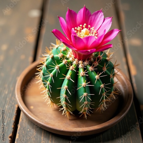 Pink Rebutia Carnival cactus in full bloom on a wooden plate background, rebutia, carnival photo