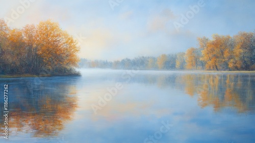 Serene autumn landscape with misty lake reflecting golden trees.