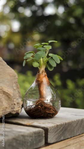 Water Droplet Shaped Bulb with Growing Plant and Green Leaves on Wooden Surface photo