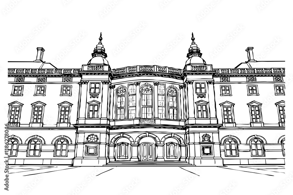 Black and white illustration. Architecture Line Art. Black and white illustration. Architecture Line Art.