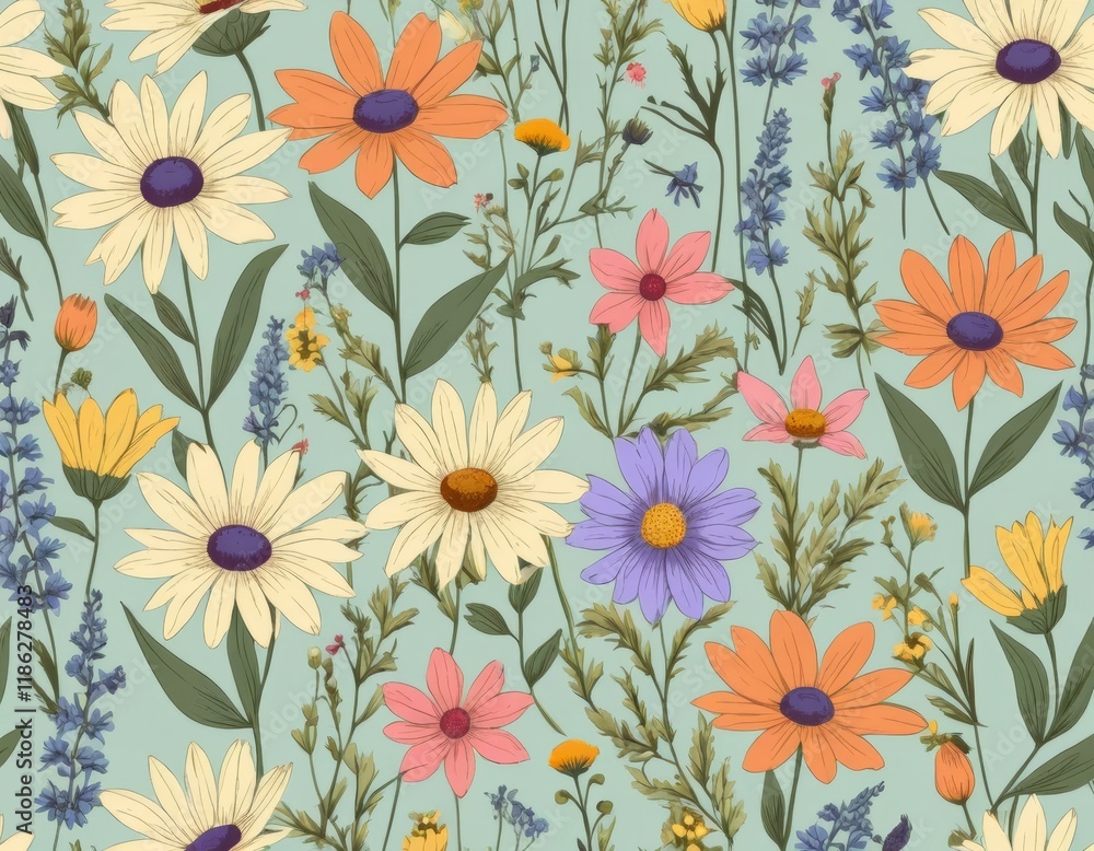 Vibrant Wildflower Meadow Seamless Pattern: Delicate Daisy, Cosmos & Sunflower Design Vibrant Wildflower Meadow Seamless Pattern: Delicate Daisy, Cosmos & Sunflower Design