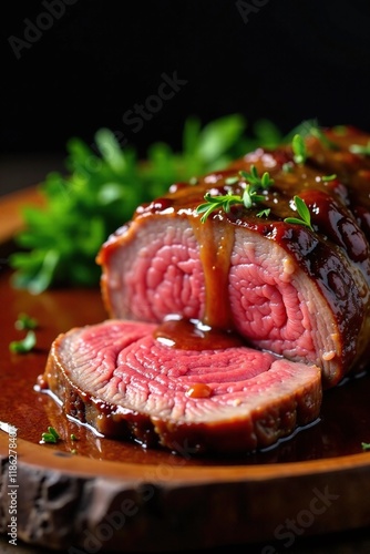 beef prime rib roast with au jus sauce poured over it, dish, gravy photo