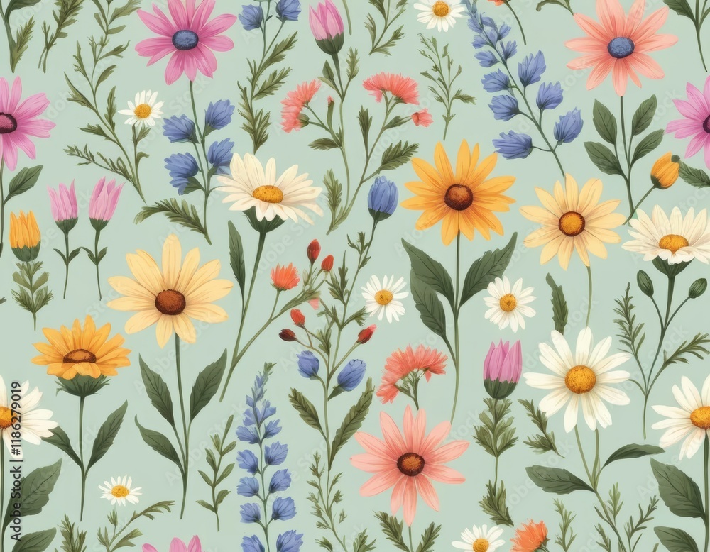 Whimsical Floral Seamless Pattern: Delicate Wildflowers and Daisies on Pastel Green Background Whimsical Floral Seamless Pattern: Delicate Wildflowers and Daisies on Pastel Green Background