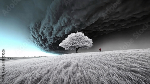 dramatic black and white photograph of lone tree under stormy sky, showcasing striking contrast between dark clouds and serene landscape. scene evokes sense of awe and contemplation photo