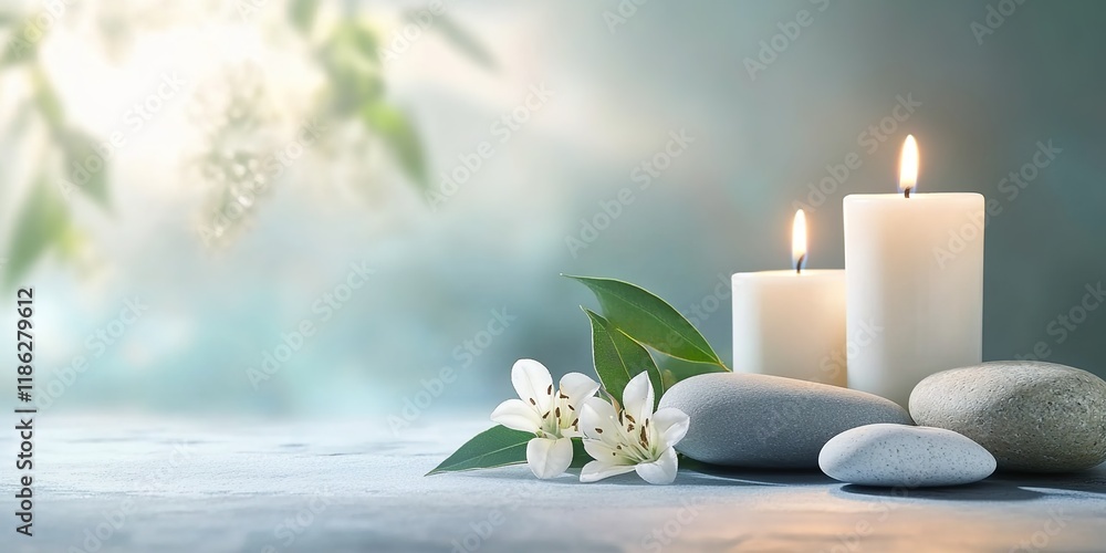 The background features two white candles and gray stones on the table, with green leaves next to them. The background features two white candles and gray stones on the table, with green leaves next to them.