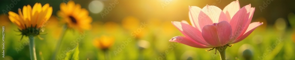 Soft pink petals unfolding in gentle sunlight, grass, sunflowers, garden Soft pink petals unfolding in gentle sunlight, grass, sunflowers, garden