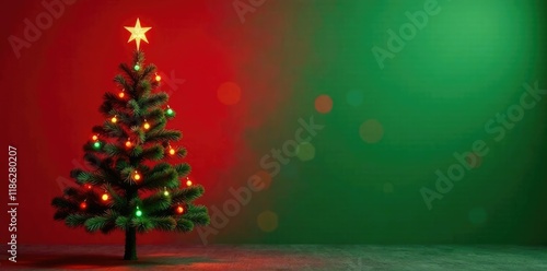 Christmas tree in front of red and green background, holly, kris Kringle, red tree photo