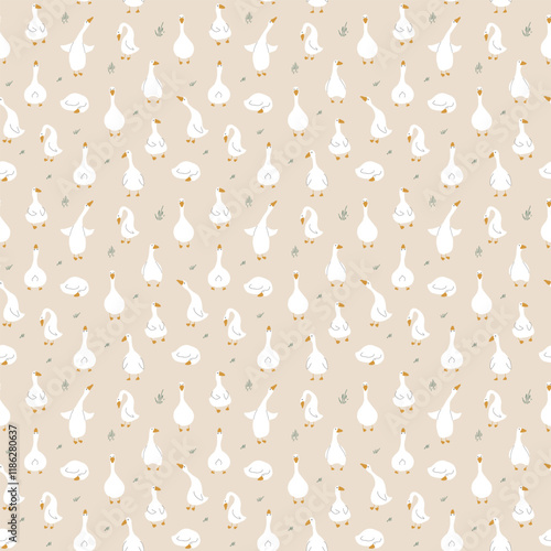 Goose Seamless Pattern. Cute Cartoon geese, Vector Illustration Background.