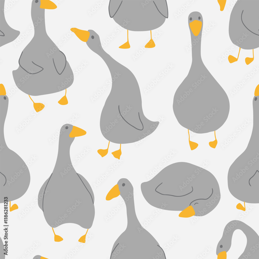 Fototapeta premium Goose Seamless Pattern. Cute Cartoon geese, Vector Illustration Background.