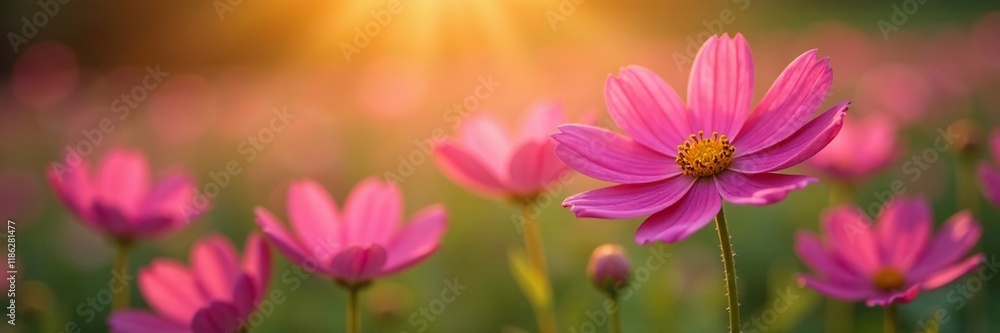 Cosmos flowers radiate soft glow in morning's warm light, glowing flowers, cosmos blooms, Cosmos flowers radiate soft glow in morning's warm light, glowing flowers, cosmos blooms,
