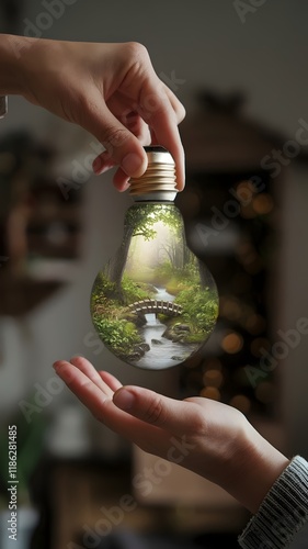 Hand Holding a Light Bulb with Miniature Forest, Bridge, and Flowing Stream photo