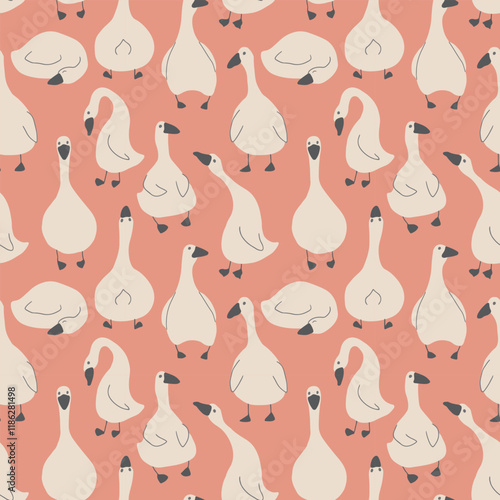 Goose Seamless Pattern. Cute Cartoon geese, Vector Illustration Background.