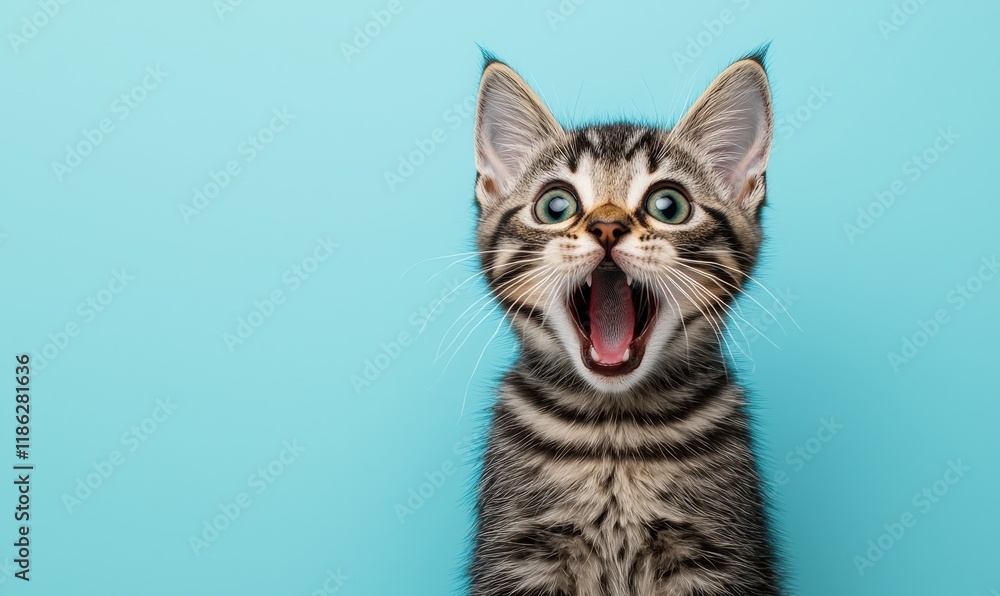 Surprised cat expressing anger and excitement indoor studio high-resolution image vibrant blue background fun concept Surprised cat expressing anger and excitement indoor studio high-resolution image vibrant blue background fun concept