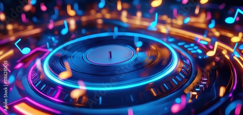 Neon-drenched turntable with glowing details and dynamic musical note patterns futuristic music-inspired design for vibrant party atmospheres