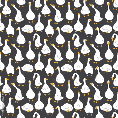 Goose Seamless Pattern. Cute Cartoon geese, Vector Illustration Background.