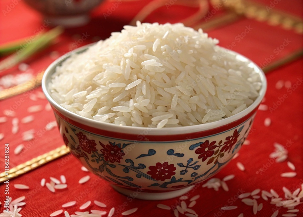 Close-up of intricately designed Chinese rice bowl on a red and gold tablecloth