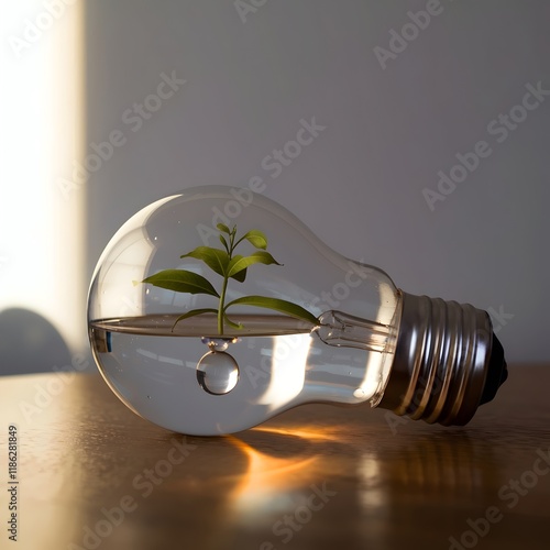 eco-Friendly Concept Light Bulb with Water Droplet and Small Green Plant photo