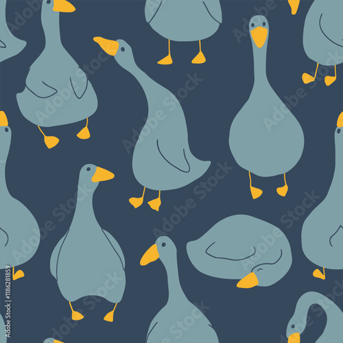 Goose Seamless Pattern. Cute Cartoon geese, Vector Illustration Background.
