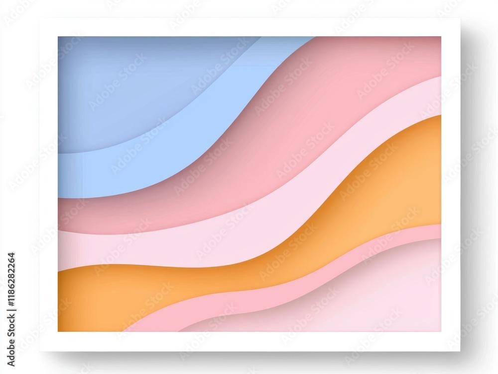 Pastel paper layers forming fluid abstract curves within a rectangular white frame vibrant pinks blues and yellows artistic and contemporary style