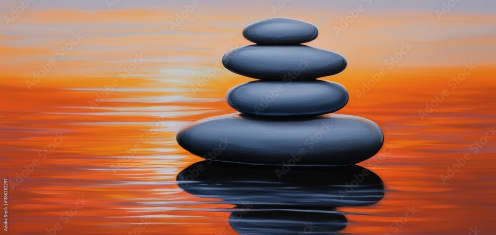 Perfectly balanced glowing stones vibrant hues at dusk serene water reflections creating an ethereal mood symbolizing tranquility and beauty Perfectly balanced glowing stones vibrant hues at dusk serene water reflections creating an ethereal mood symbolizing tranquility and beauty