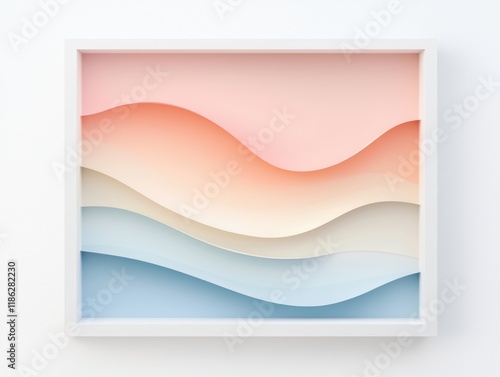 Pastel paper layers forming fluid abstract curves within a rectangular white frame vibrant pinks blues and yellows artistic and contemporary style photo