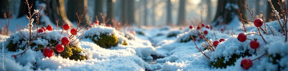 Icy forest floor with frosty moss and winter berries, winter landscape, winter berries Icy forest floor with frosty moss and winter berries, winter landscape, winter berries