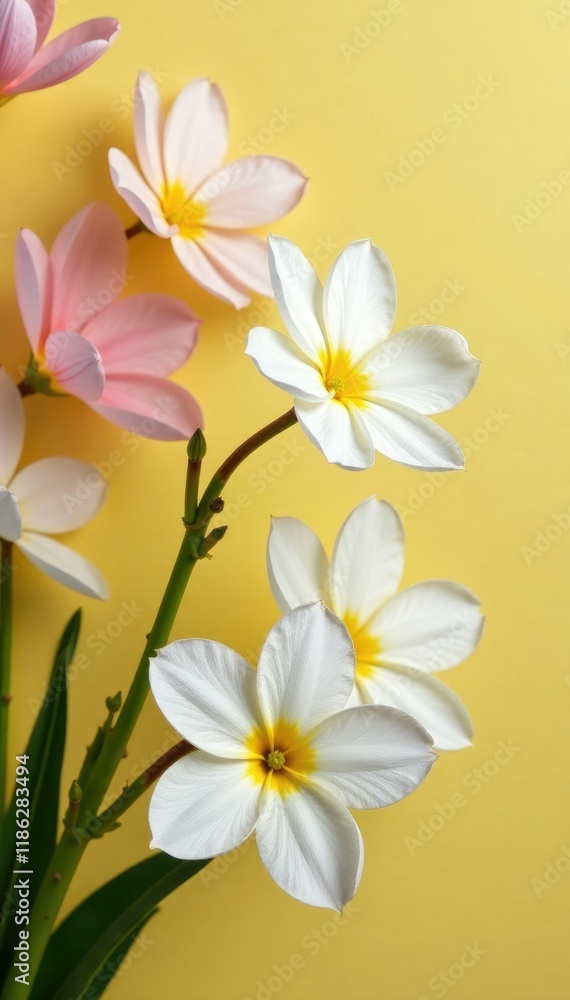 Fototapeta premium Delicate white blooms on yellow and pink petals, bloom, garden, white