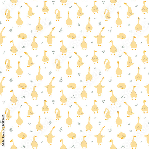 Goose Seamless Pattern. Cute Cartoon geese, Vector Illustration Background.