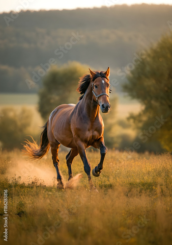 Wallpaper Mural A majestic horse running in a golden field at golden hour, soft warm light, natural and realistic tones, cinematic feel, medium shot with blurred background (bokeh). Torontodigital.ca