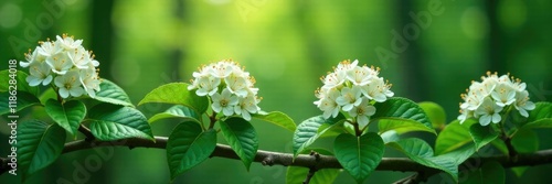 Dense clusters of small white flowers on Viburnum edule branches, evergreen shrub, forest blooms photo