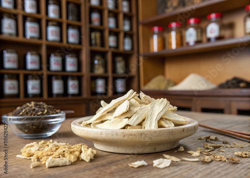 Rustic display of dried gastrodia in an authentic medicinal setting photo