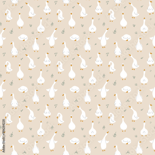 Goose Seamless Pattern. Cute Cartoon geese, Vector Illustration Background.