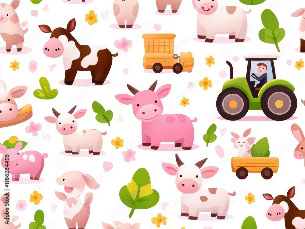 Seamless pattern of cute farm animals and tractors in soft pastel shades perfect for nursery or children s products Seamless pattern of cute farm animals and tractors in soft pastel shades perfect for nursery or children s products
