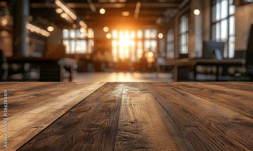 Modern open space office with wooden table at sunset business environment contemporary design inspiring workspace