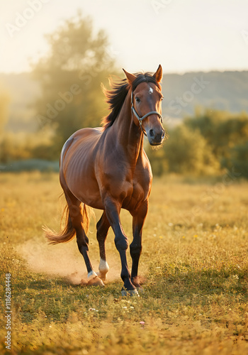 A majestic horse running in a golden field at golden hour, soft warm light, natural and realistic tones, cinematic feel, medium shot with blurred background (bokeh).