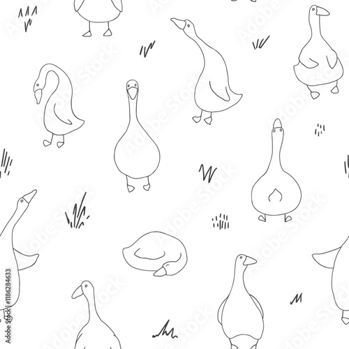Goose Seamless Pattern. Cute Cartoon geese, Vector Illustration Background.
