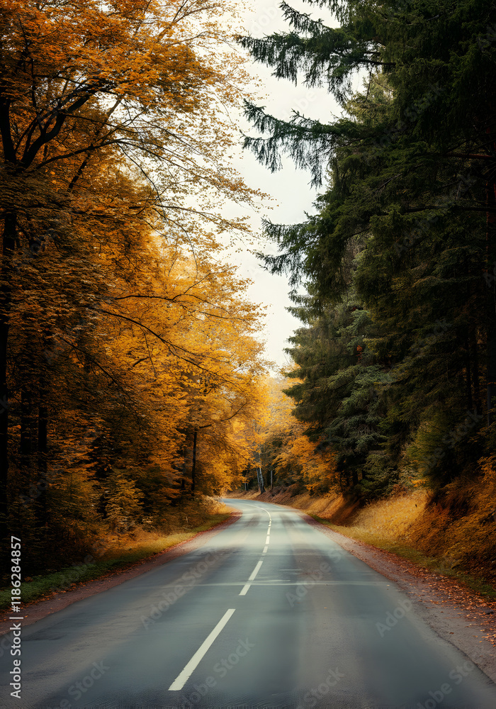 A tranquil autumn landscape featuring a paved road cutting through a dense forest. On one side, vibrant golden and orange leaves adorn deciduous trees. A tranquil autumn landscape featuring a paved road cutting through a dense forest. On one side, vibrant golden and orange leaves adorn deciduous trees.