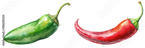 Vibrant watercolor peppers, green jalapeno, red chili, fresh vegetables, culinary art, food illustration.