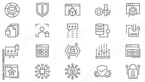 Cyber Security line icon set. Virus, fraud, malware bug, threat, theft, data phishing, hacker, password, safety, key, shield line icon set. UI thin line icon pack.