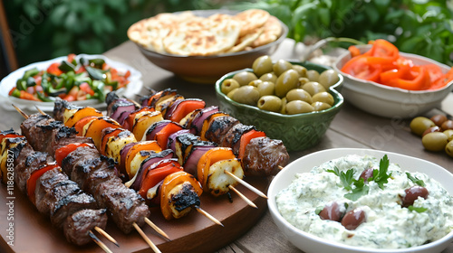 Delicious Mediterranean Skewers with Tzatziki and Fresh Vegetable Sides photo