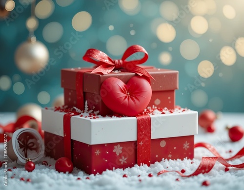 A heartfelt holiday gift, wrapped in a beautiful box adorned with a lovely heart, perfect for expressing love and joy.