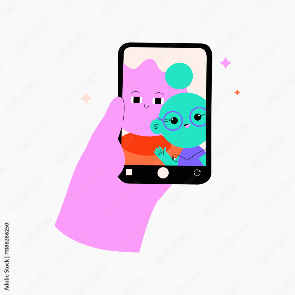 Couple selfie on smartphone symbolizing love, connection, and modern relationships, perfect for family, love, and social media themes, flat vector illustration, isolated on white. Couple selfie on smartphone symbolizing love, connection, and modern relationships, perfect for family, love, and social media themes, flat vector illustration, isolated on white.