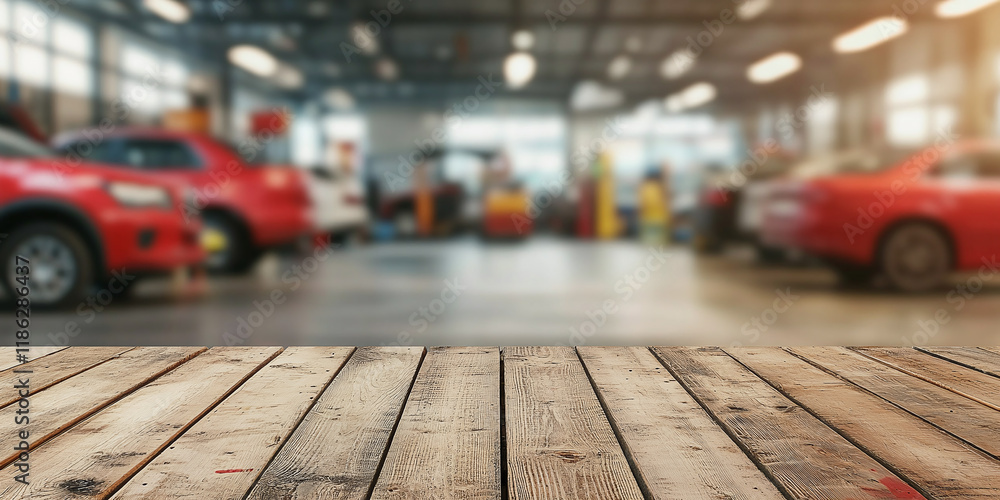 Blurred background of a busy car repair workshop with a wooden surface in the foreground, ideal for showcasing automotive themes or product placement. Blurred background of a busy car repair workshop with a wooden surface in the foreground, ideal for showcasing automotive themes or product placement.